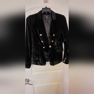 House of Harlow 1960 Black Velvet Tailored Blazer Gold Button Luxe Jacket S/P